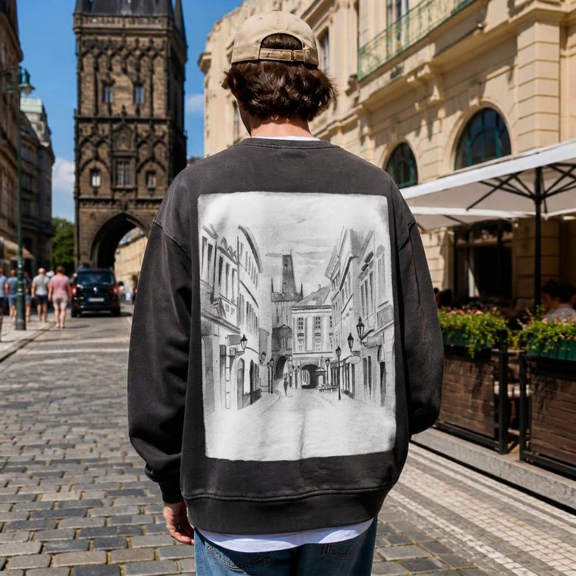 Powder Tower sweatshirt with the real tower behind