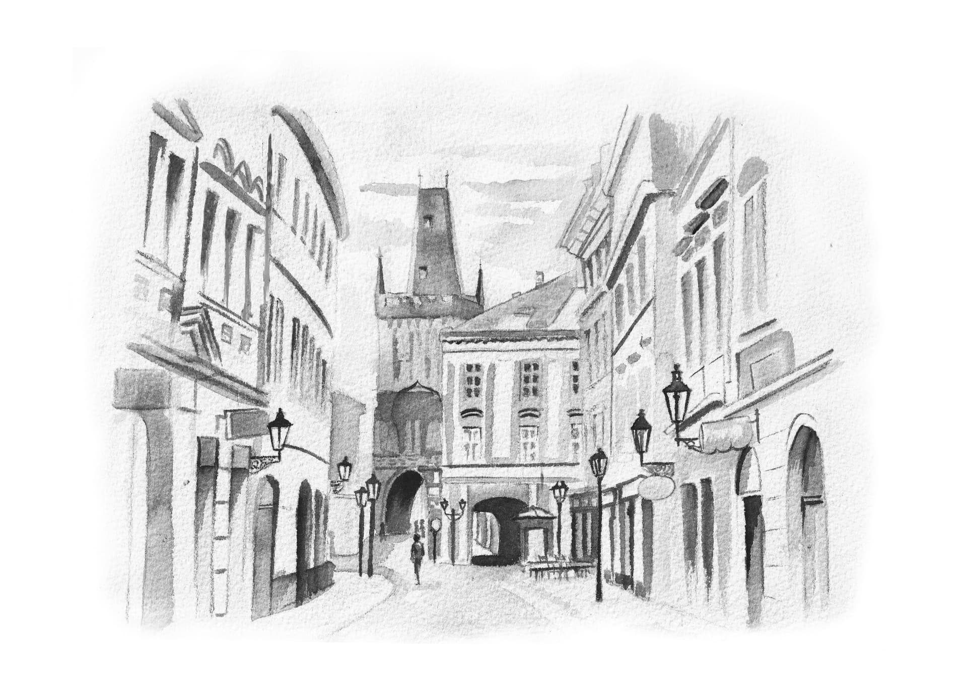Pencil drawing of Celetná street and the Powder Tower