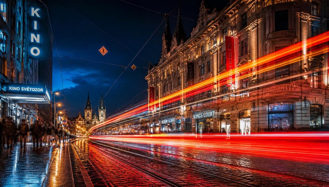 Prague at night with tram light trails